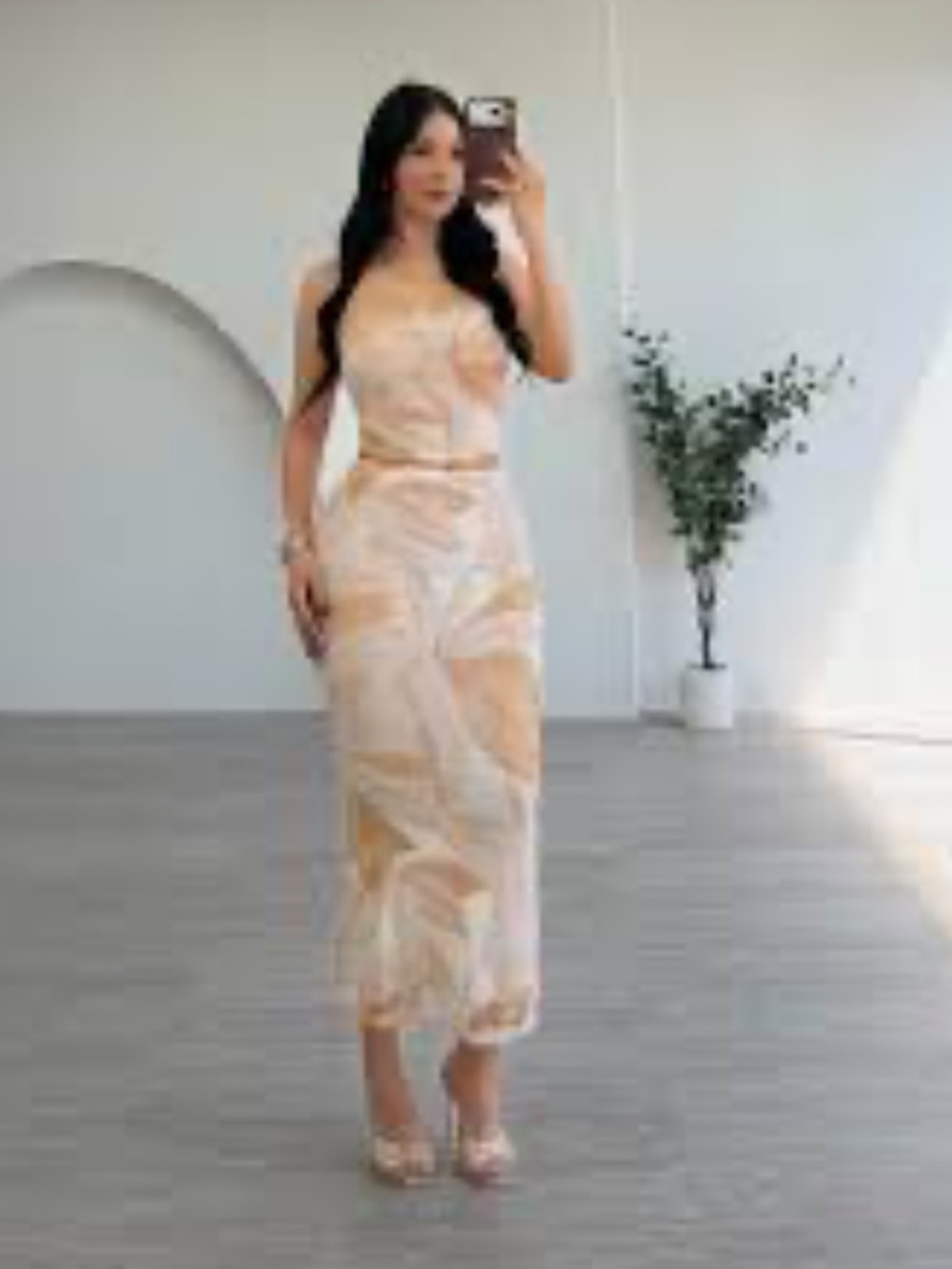 Floral Sleeveless Peach Swirl Midi Skirt Set